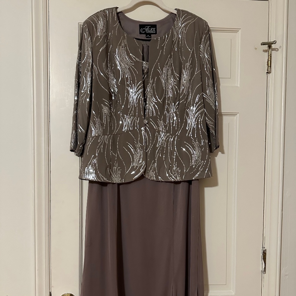 Alex Evenings Midi Dress with Sequined Top and Jacket Size 18 in Pewter Frost